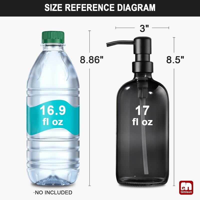 Gmisun Black Soap Dispenser, 2 Pack Hand Soap Dispensers for Bathroom, 17 Fl Oz Dish Soap Dispenser for Kitchen with Stainless Steel Pump, Modern Liquid Soap Bottle Set - Image 2